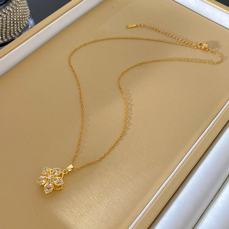 Sweet Sporty Rotatable Cubic Zirconia Floral Titanium Steel Necklace for Women