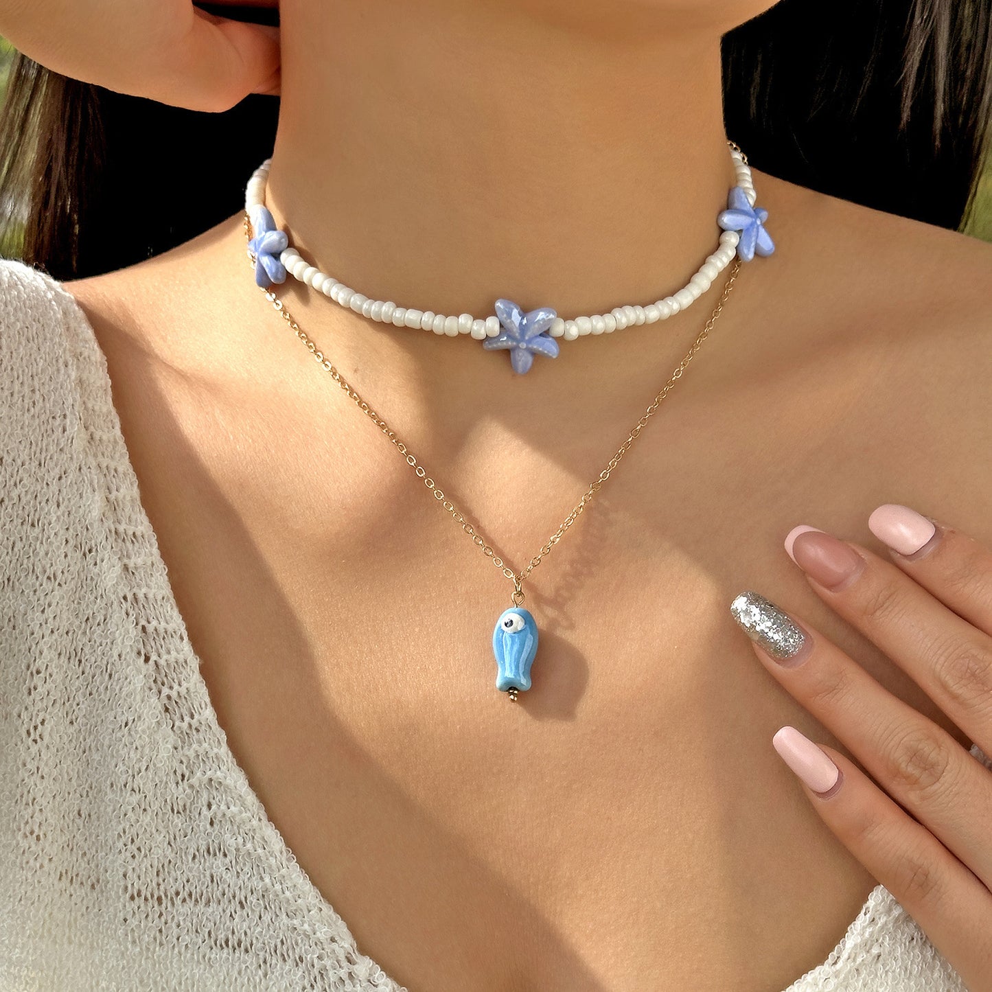 Bohemian Sweet Geometric Ceramic Resin Fish Starfish Turquoise Tassel Beaded Necklace for Women