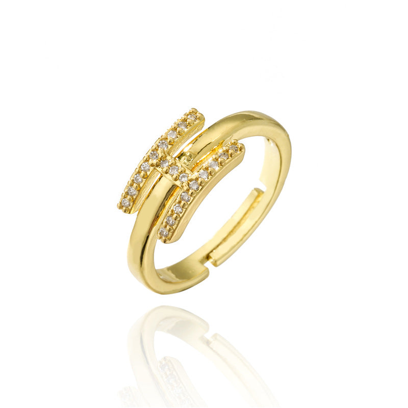 Fashion 18K Gold Plated Brass Micro-inlay Letter Ring Adjustable Open Band for Women
