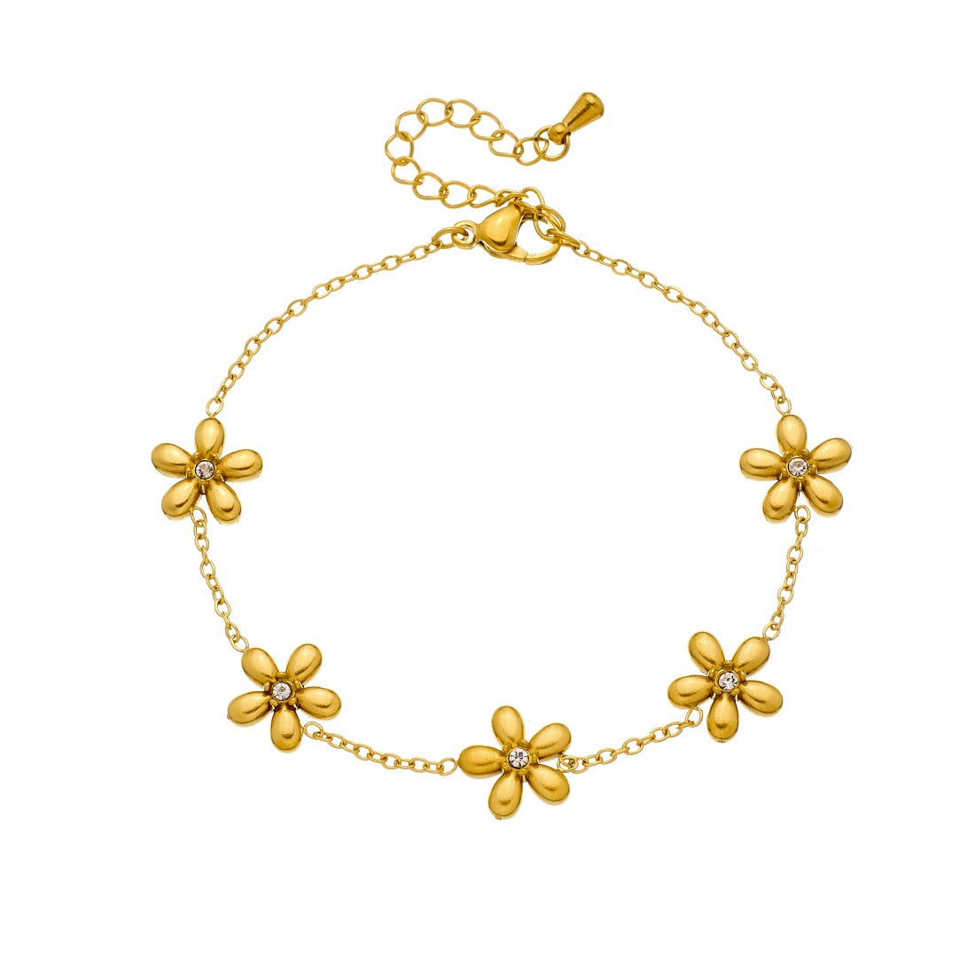 Minimalist Sweet Gold Plated Stainless Steel Rhinestone Floral Pendant Chain Bracelet