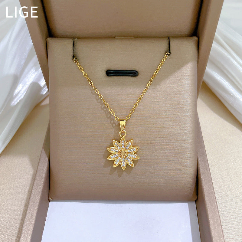 Luxury Full-Rhinestone Daisy Flower Pendant Necklace for Women Titanium Steel Delicate Clavicle Chain with Geometric Design