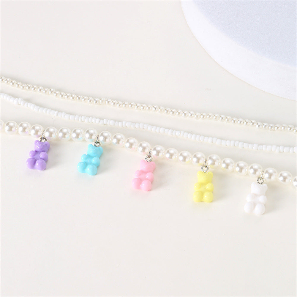 Collana con Ciondolo in Resina a Forma di Orsetto Carino e Perle Bianche per Bambini, Catena Fatta a Mano con Perline Rotonde
