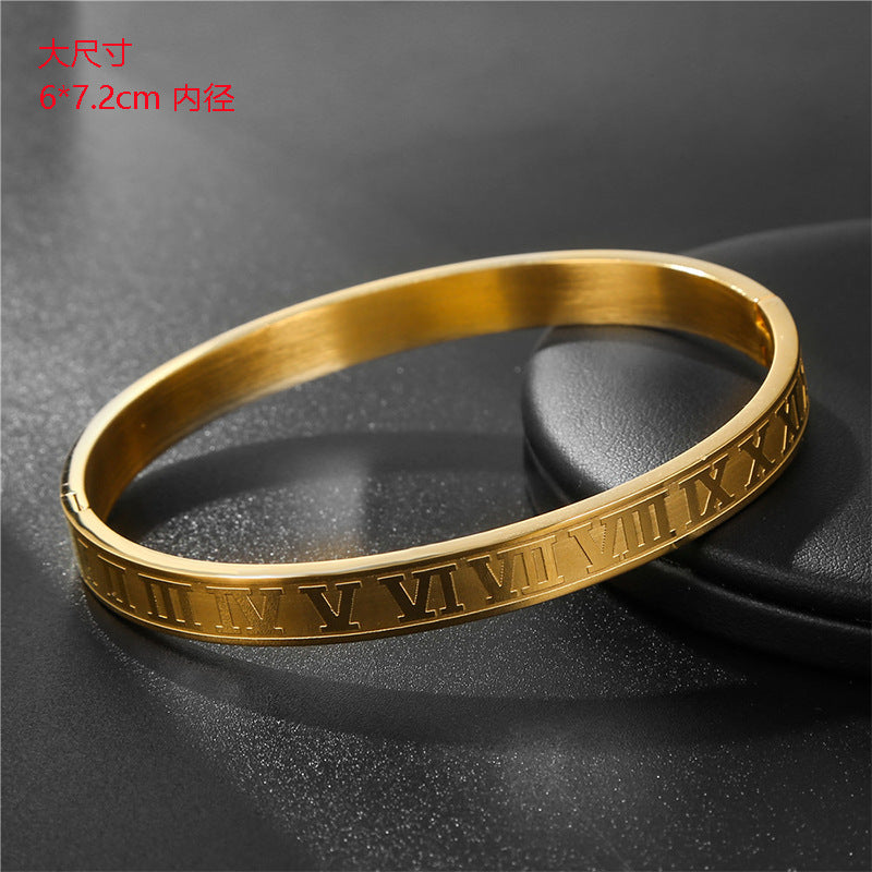 Punk Hip-hop Large Roman Letter Geometric Round Titanium Steel Stainless Steel Plated Open Cuff Bracelet for Unisex
