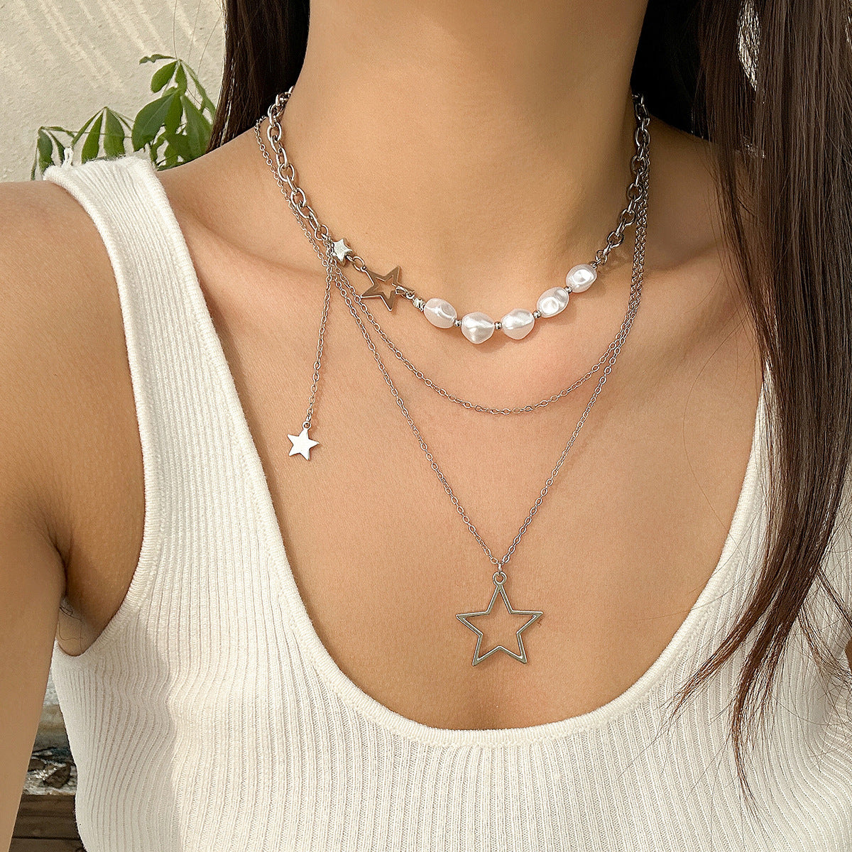 Minimalist Hollow Star Alloy Plated Layered Necklace for Women
