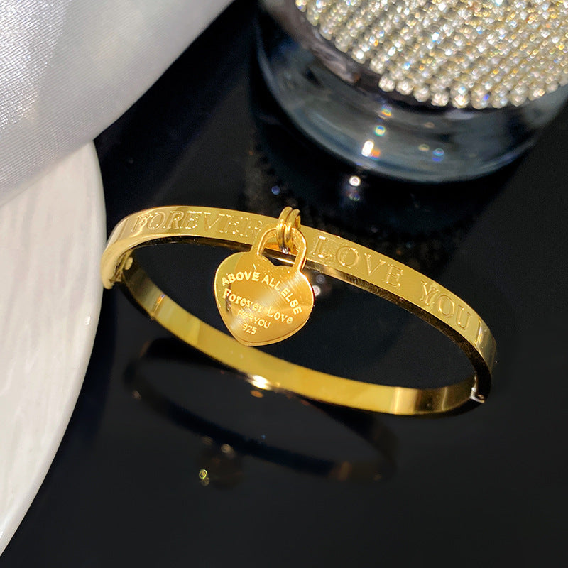 Minimalist Sweet Heart Rhinestone Inlaid Titanium Steel Plated Spring Open Bangle
