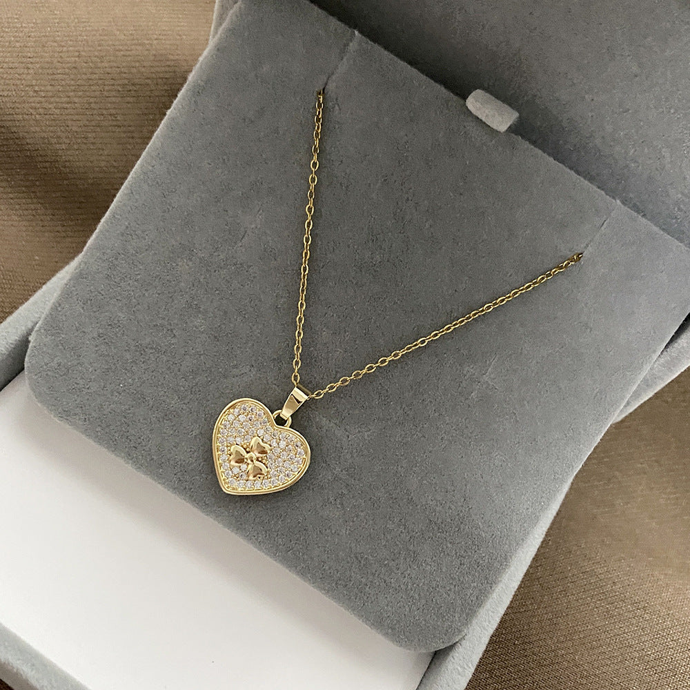 Minimalist Heart-Shaped Titanium Steel Pendant Necklace with Micro-Pavé Rhinestones for Women, Delicate Clavicle Chain with Plated Finish