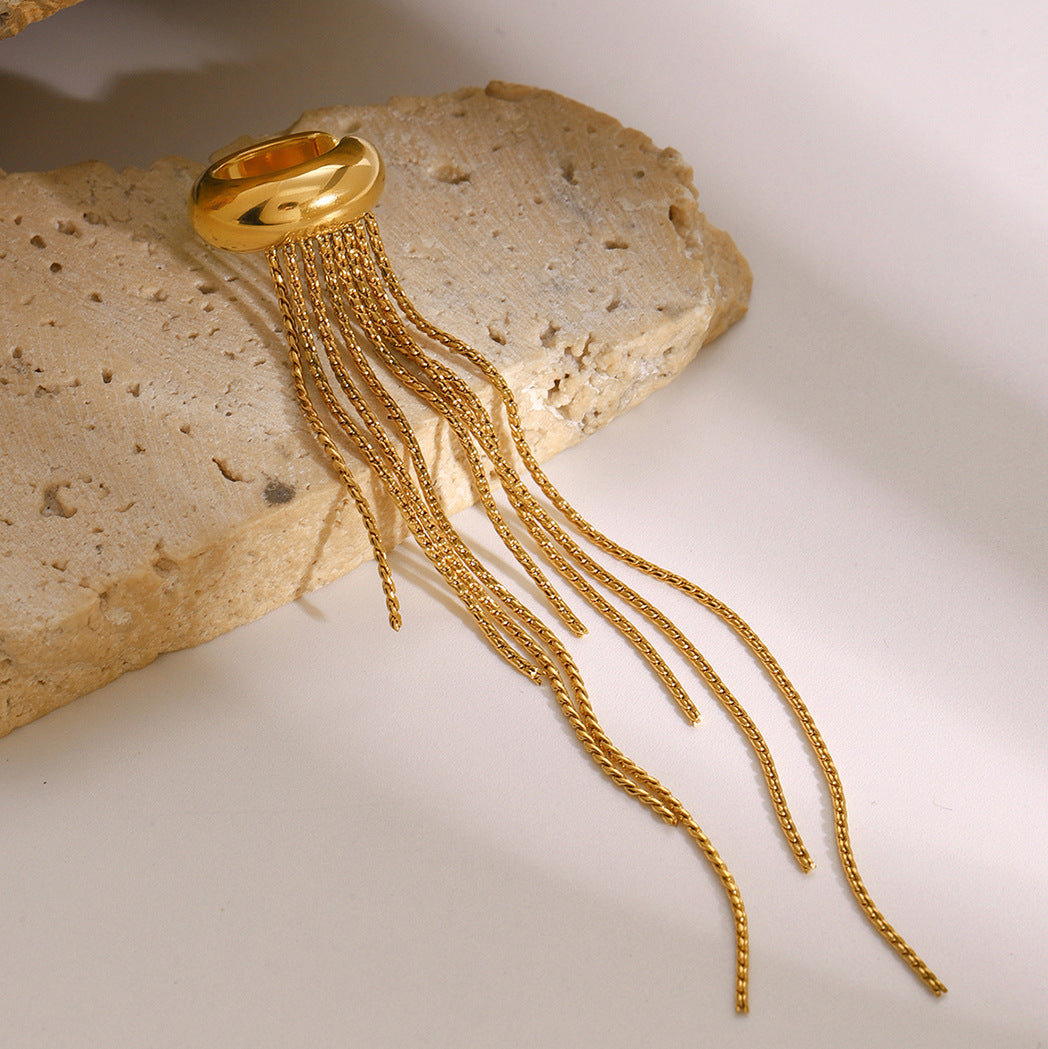 Pendientes de aro geométricos de acero inoxidable con borlas para mujer, puños de lujo chapados, joyería de moda ligera sin perforaciones