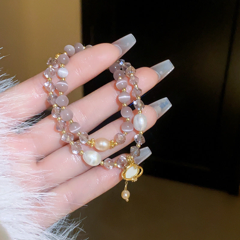 Vintage Luxury Geometric Cubic Zirconia Inlaid Pearl Bracelet for Women