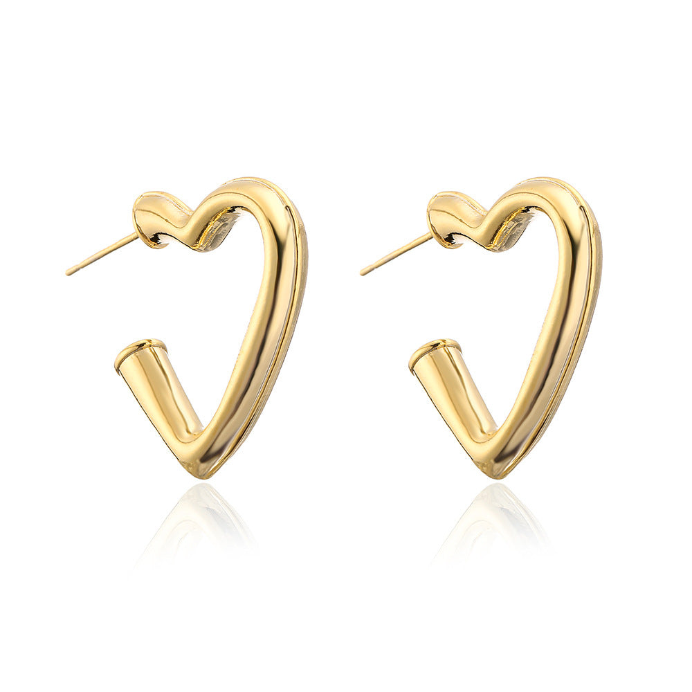 Geometric Heart-Shaped Copper Earrings with 18K Gold Plating for Women, Minimalist Fashion Accessory