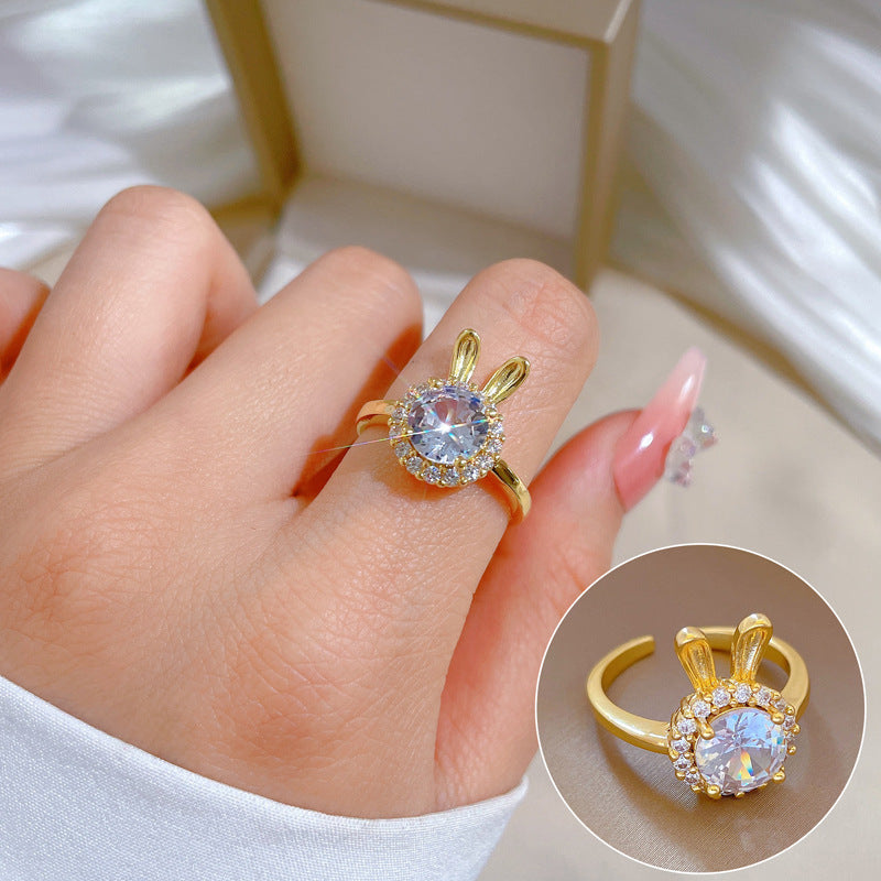 Luxury Minimalist Plated Brass Crown Rhinestone Adjustable Ring for Women