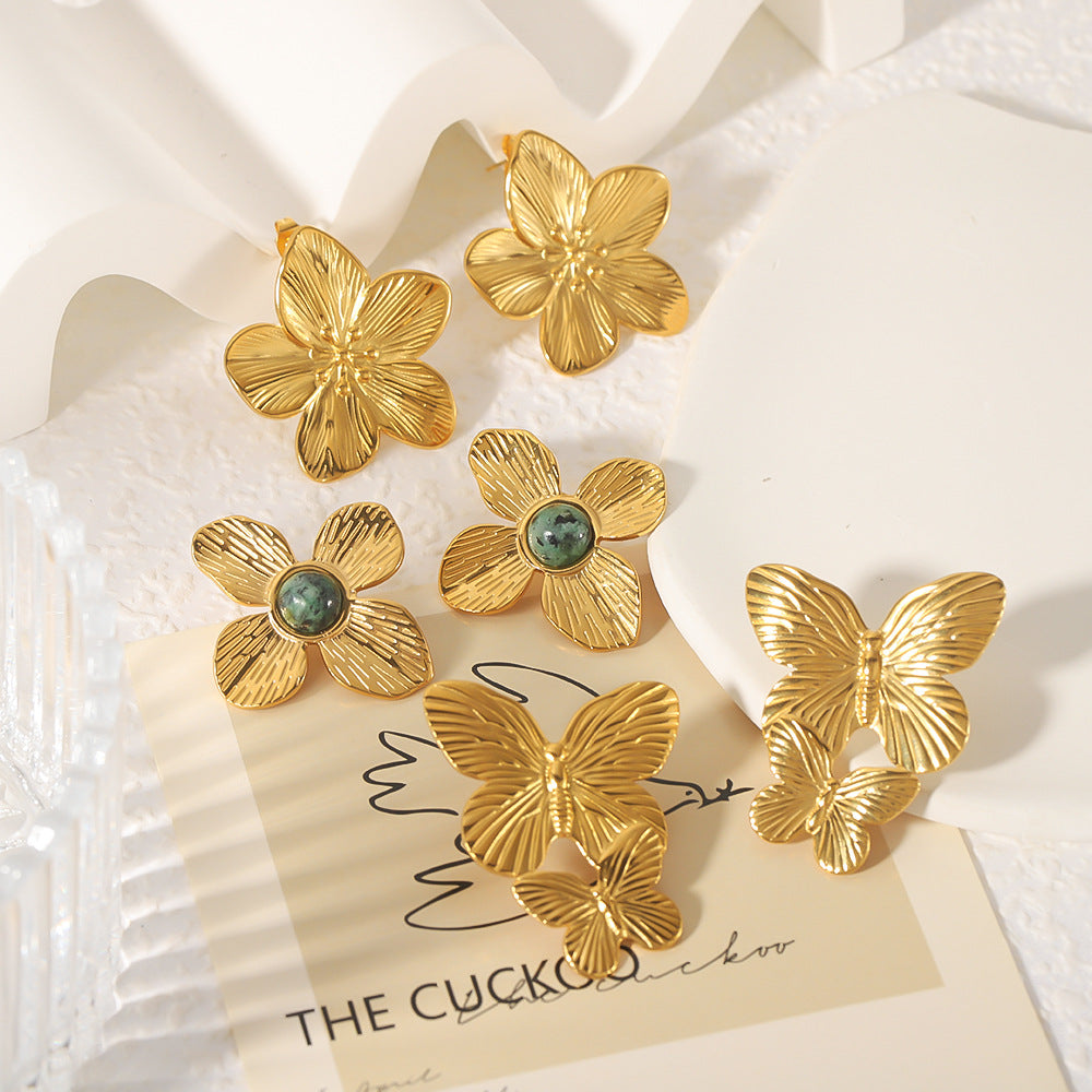 Vintage-Style Butterfly-Shaped Stainless Steel Earrings with 18K Gold Plating for Women