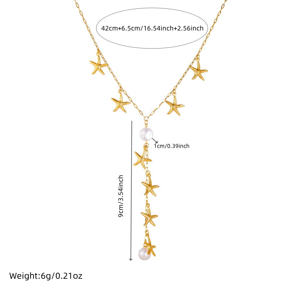 Minimalist Elegant Gold Plated Stainless Steel Star Pearl Y-Chain Tassel Necklace for Women