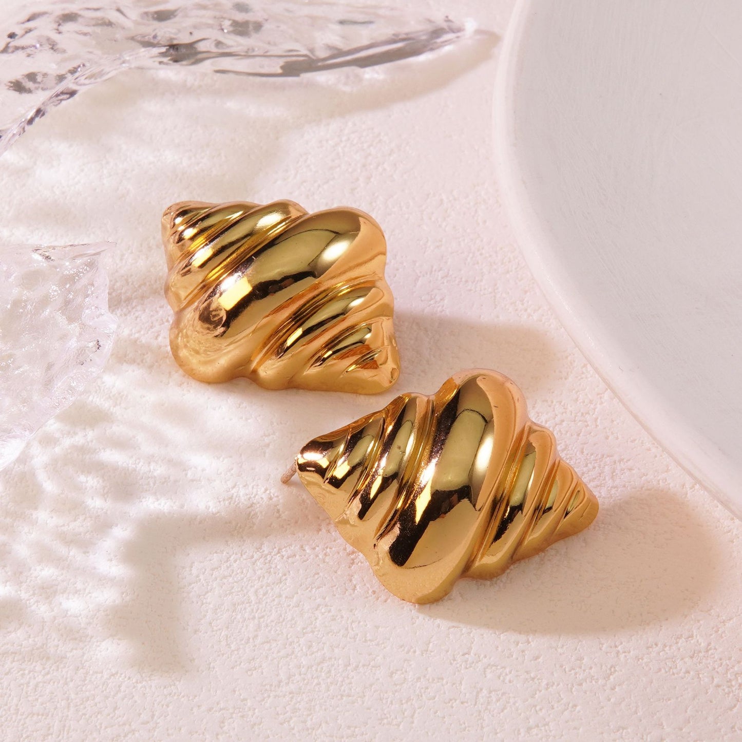 Geometric Hammered Plated Titanium Steel Croissant Ice Cream Stud Earrings for Women
