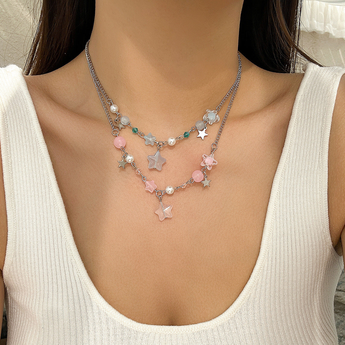 Sweet and Edgy Star-Shaped Pendant Necklace with Imitation Pearl Accents and Electroplated Alloy, Round Bead Choker Chain for Women