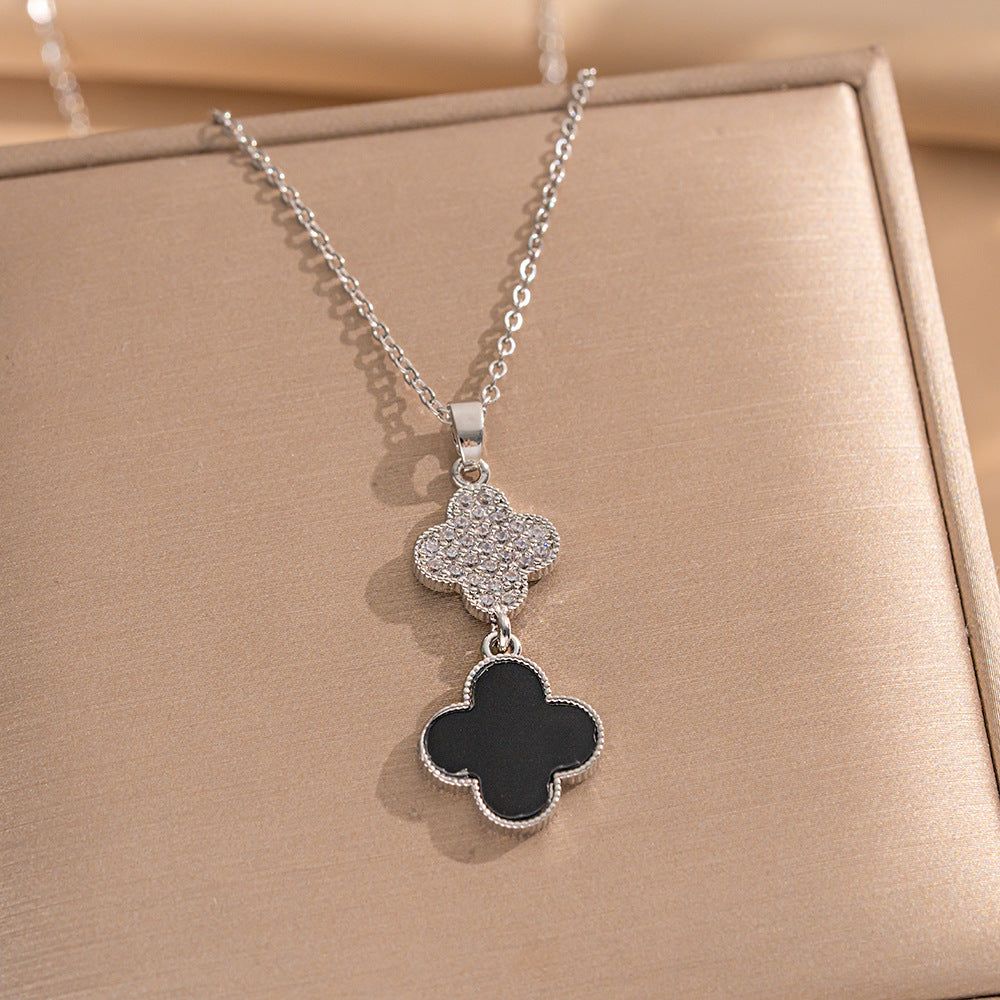 Set collana di lusso in acciaio al titanio geometrico con dettagli in strass micro-pavé e catena a maglie ovali per donna