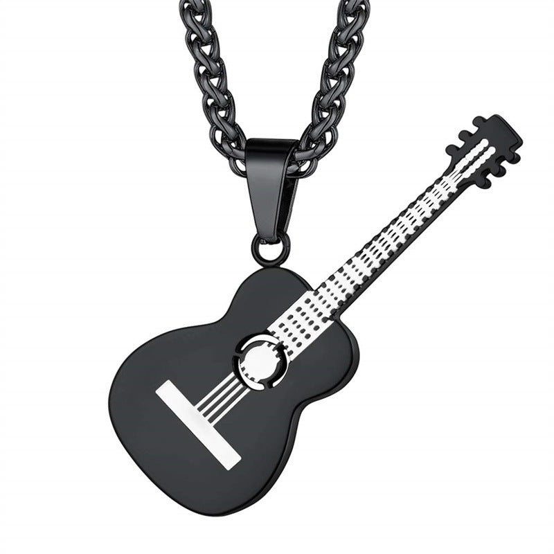 Natural Style Geometric Guitar Pendant Necklace for Unisex in Stainless Steel with Polished Titanium Steel Charm