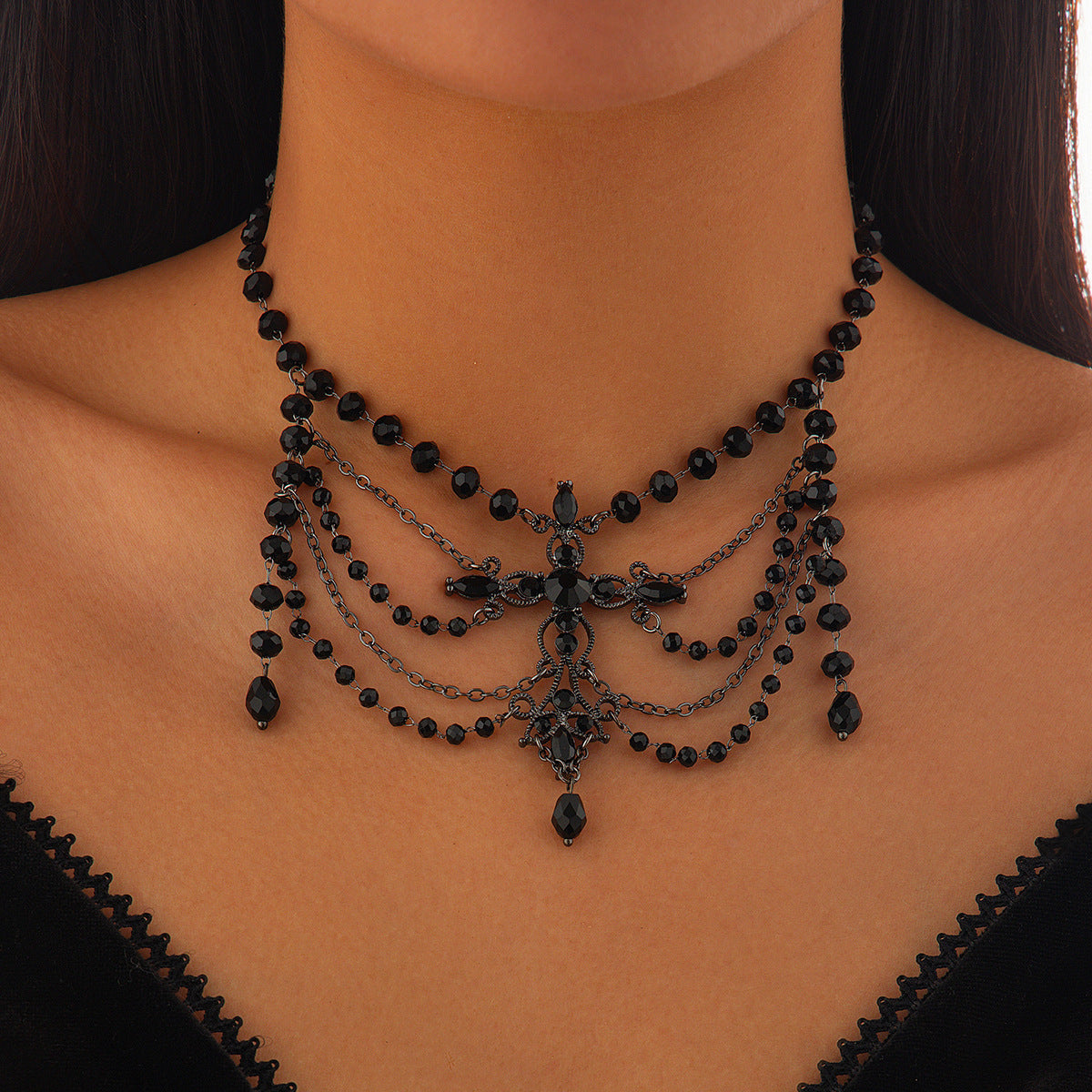 Punk Geometric Cross Alloy Pendant Crystal Beaded Choker Necklace with Tassel for Women