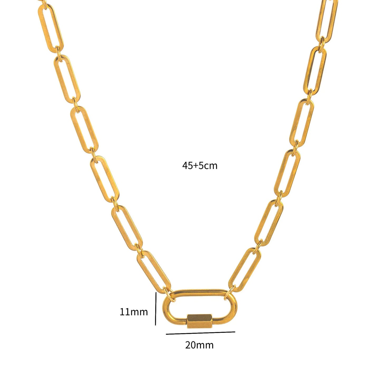 Minimalist 18K Gold Plated Geometric Titanium Steel Necklace with Pearl Paperclip Charm