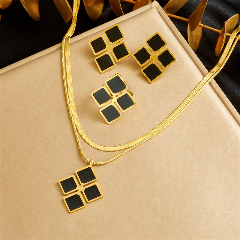 Set di collana, anello e orecchini a strati geometrici quadrati in acciaio inossidabile, lusso minimalista
