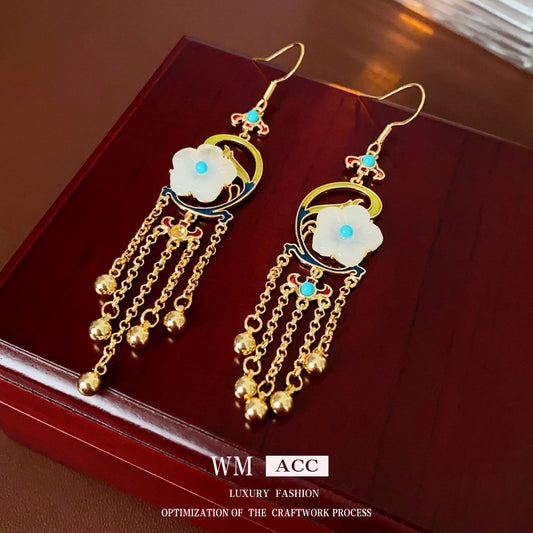 Vintage Floral Earrings with Enamel Finish and Tassel Detail in Alloy with 925 Silver Hooks for Women
