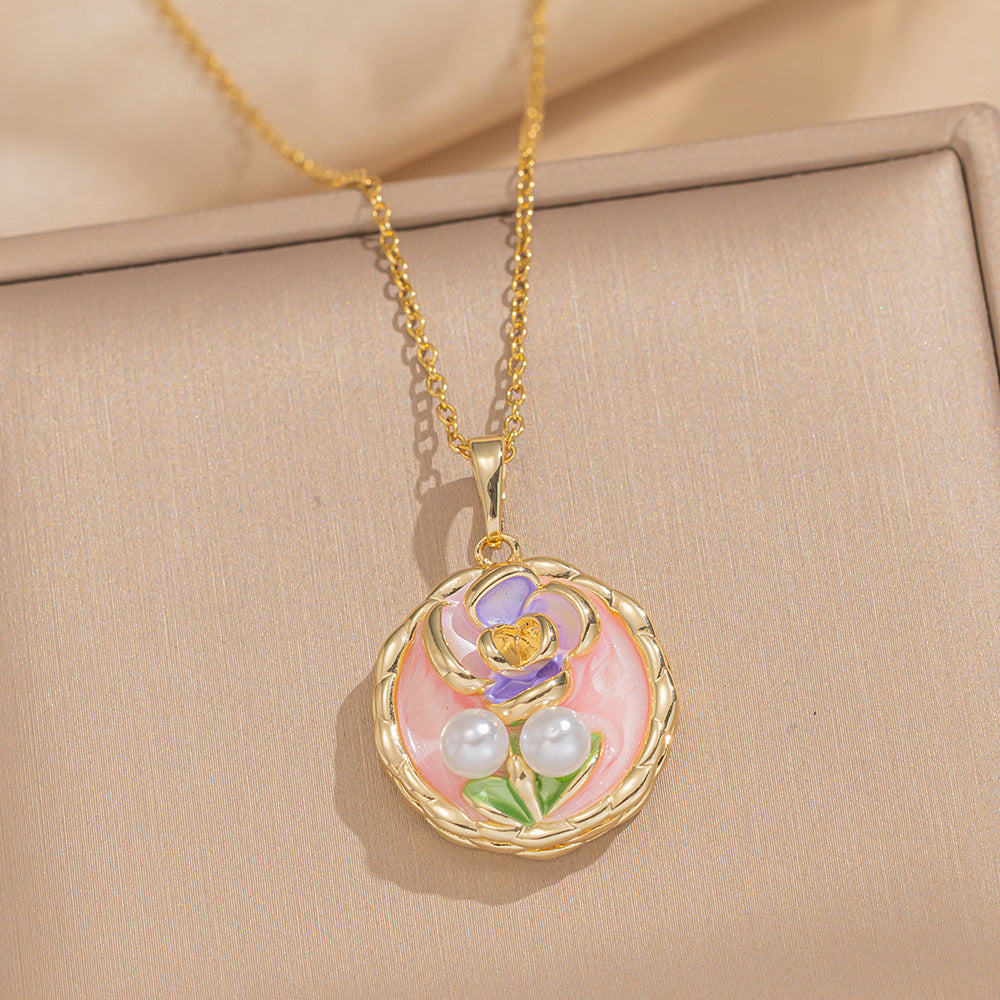 Baroque Style Leaf-Shaped Titanium Steel Necklace with Tulip Floral Motif, Vacuum-Plated for Hypoallergenic Wear, O-Chain Design