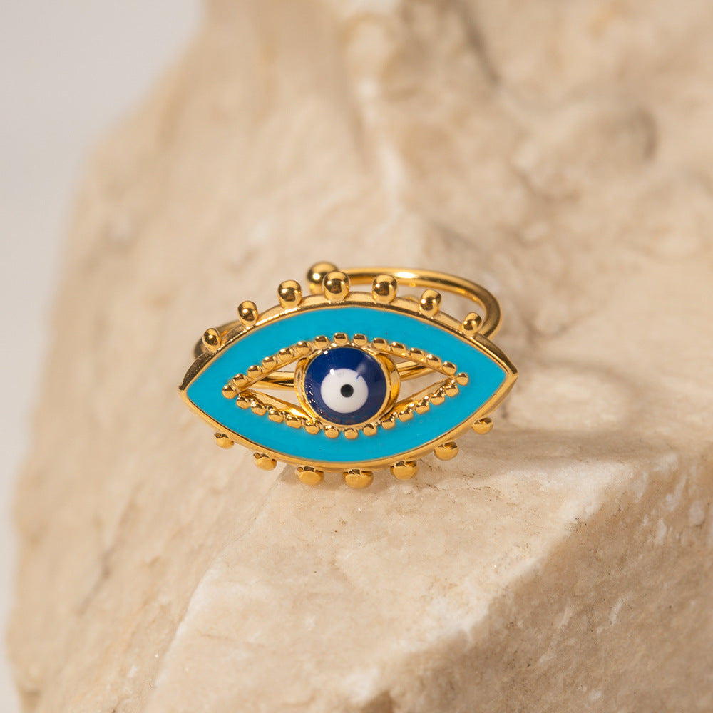 Anello da donna alla moda con occhio di Allah geometrico in smalto blu, placcato oro 18 carati in acciaio inossidabile