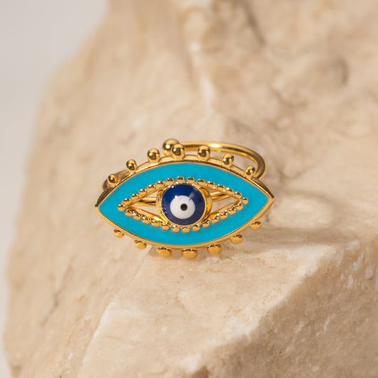 Anello da donna alla moda con occhio di Allah geometrico in smalto blu, placcato oro 18 carati in acciaio inossidabile