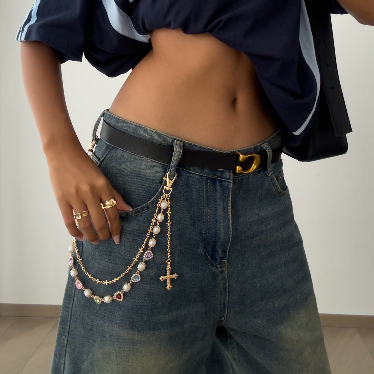 Catena da vita a cuore con nappine in stile Hip Hop, ciondolo a croce e dettagli di perle da donna