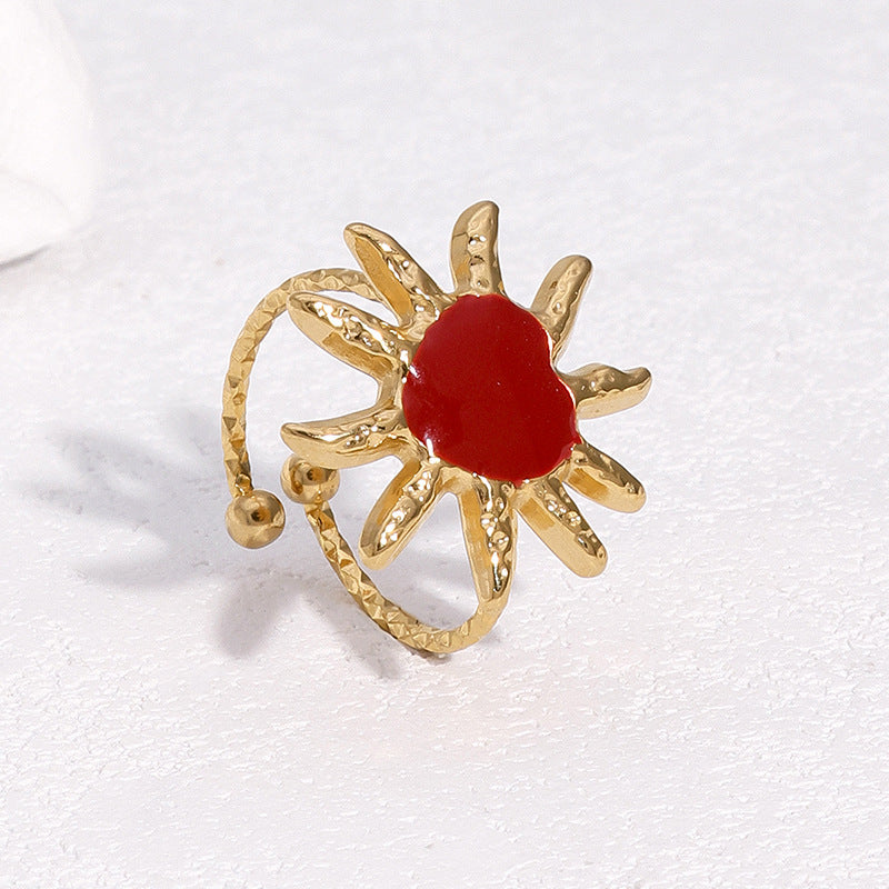 Anello aperto minimalista da donna in acciaio inossidabile placcato oro 18 carati con cuore e sole