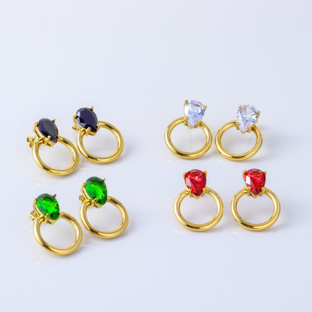 Orecchini alla moda in acciaio inossidabile a forma di goccia con placcatura sottovuoto in oro 18 carati e accenti in zirconia