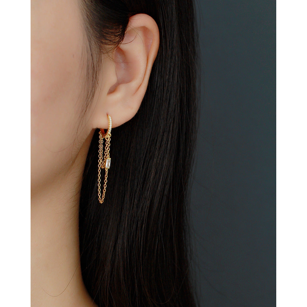 Luxury Elegant 925 Sterling Silver Geometric Square Rhinestone Inlay Cable Chain Tassel Hoop Earrings for Women