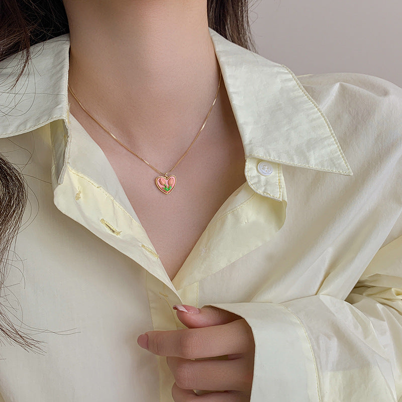 Sweet Minimalist Pink Tulip Heart Titanium Steel Plated Necklace for Women Box Chain