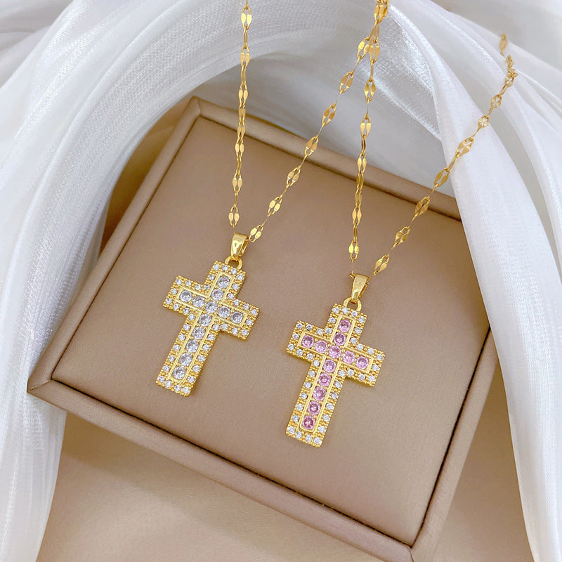 Collana con ciondolo a croce di lusso in acciaio al titanio con strass, catena alla clavicola geometrica unisex
