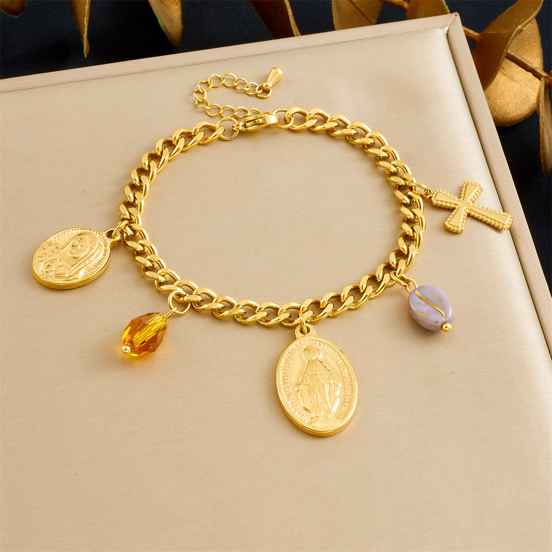 18K Gold Plated Oval Cross Relief Pendant Stainless Steel Serpentine Chain Jewelry Set for Women