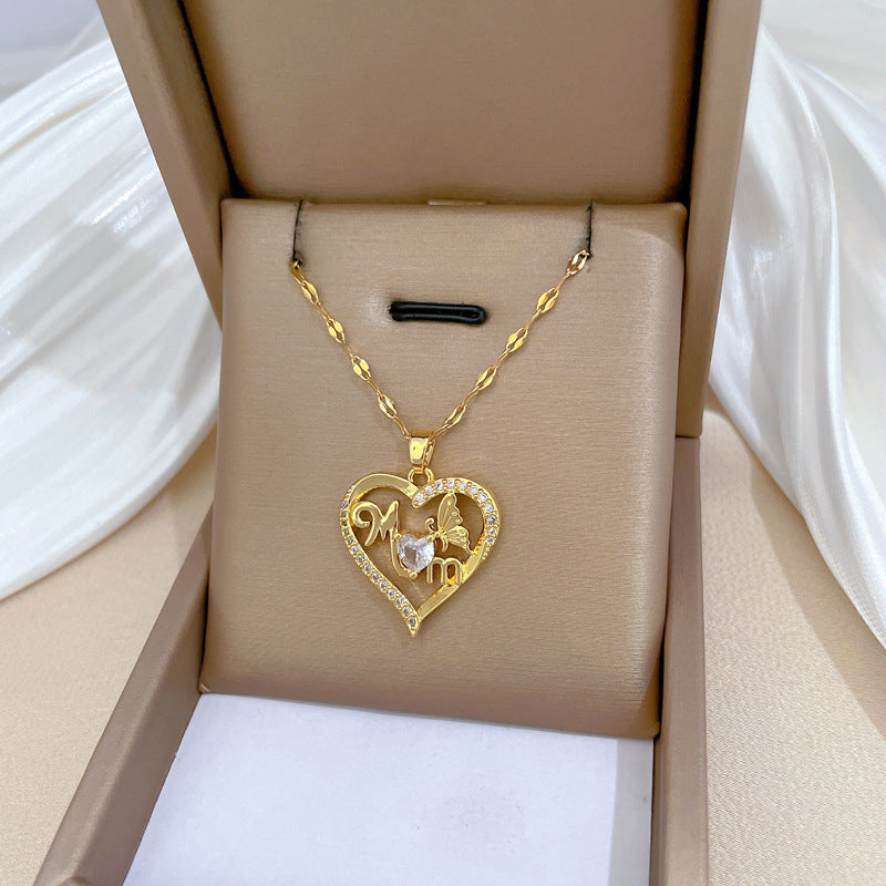 Collana in acciaio inossidabile a forma di farfalla e cuore con intarsio di strass per donna e uomo, ciondolo geometrico minimalista su catena in acciaio al titanio