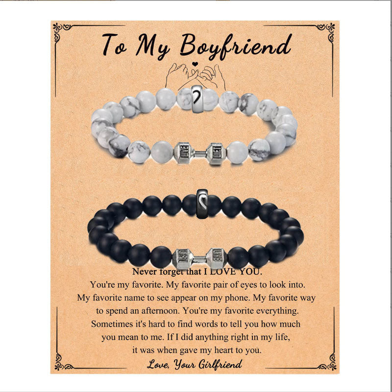 Geometric Black and White Beaded Stainless Steel Bracelet Set for Couples