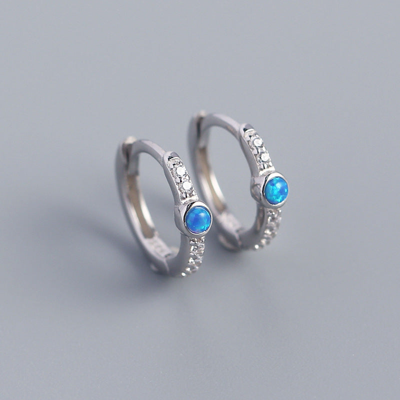 Eleganti Orecchini a Lobo da Donna in Argento Sterling 925 con Opale Geometrico Rotondo e Intarsi in Zirconia Cubica
