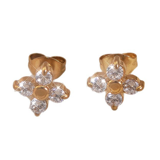 Minimalist Luxury Floral Stainless Steel Gold Plated Cubic Zirconia Stud Earrings for Women