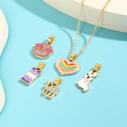 Cartoon Unicorn Pendant Necklace Set for Girls with Ice Cream Cake and Rainbow Design, Enamel Alloy Choker Chain for Kids Ages 3-10