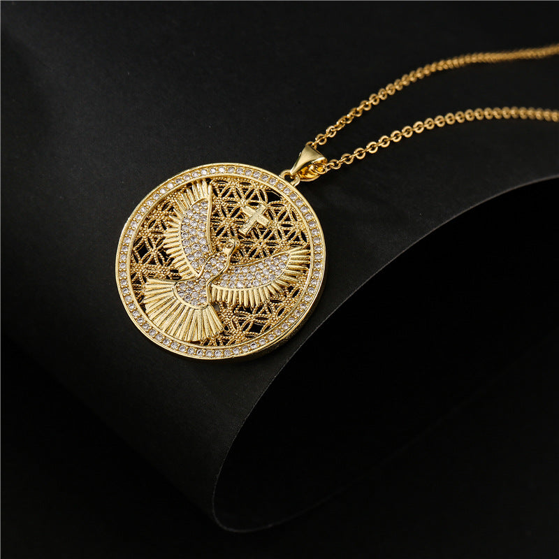 Punk Round Eagle Micro-inlay Brass Pendant Necklace with Box Chain
