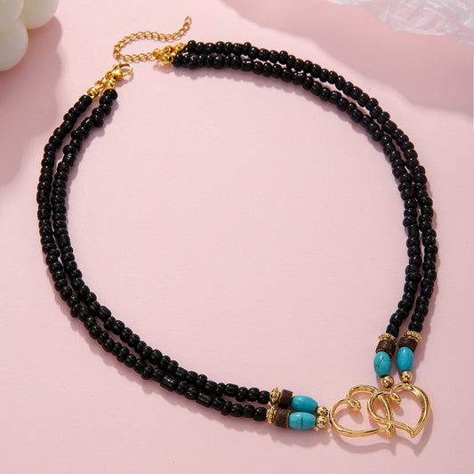 Collar de aleación con doble capa de corazón hecho a mano con cuentas de turquesa en cadena tipo O para mujer