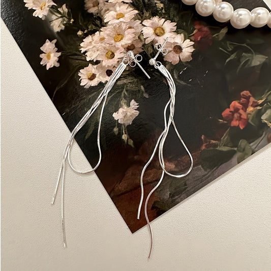 Minimalist Korean-Inspired Silver Snake Chain Earrings for Women with Geometric Beaded Accent and Polished 925 Sterling Silver Posts