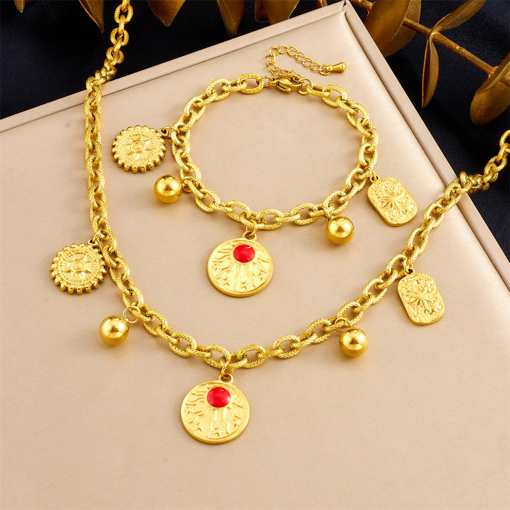 Set collana e bracciale da donna in acciaio inossidabile con finitura placcata, con pendente irregolare a forma di sole, d'ispirazione vintage