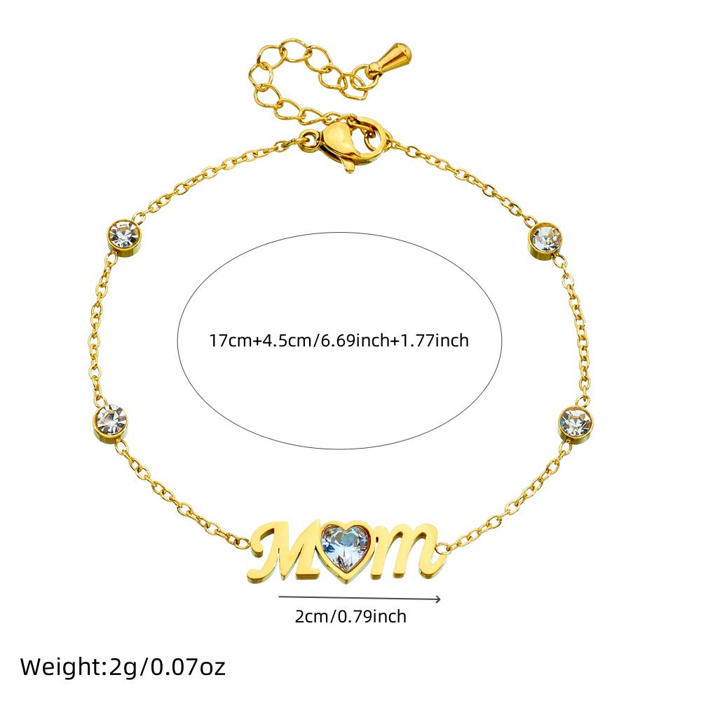 Minimalist Elegant Gold Plated Rhinestone Heart Letter MOM Bracelet for Women