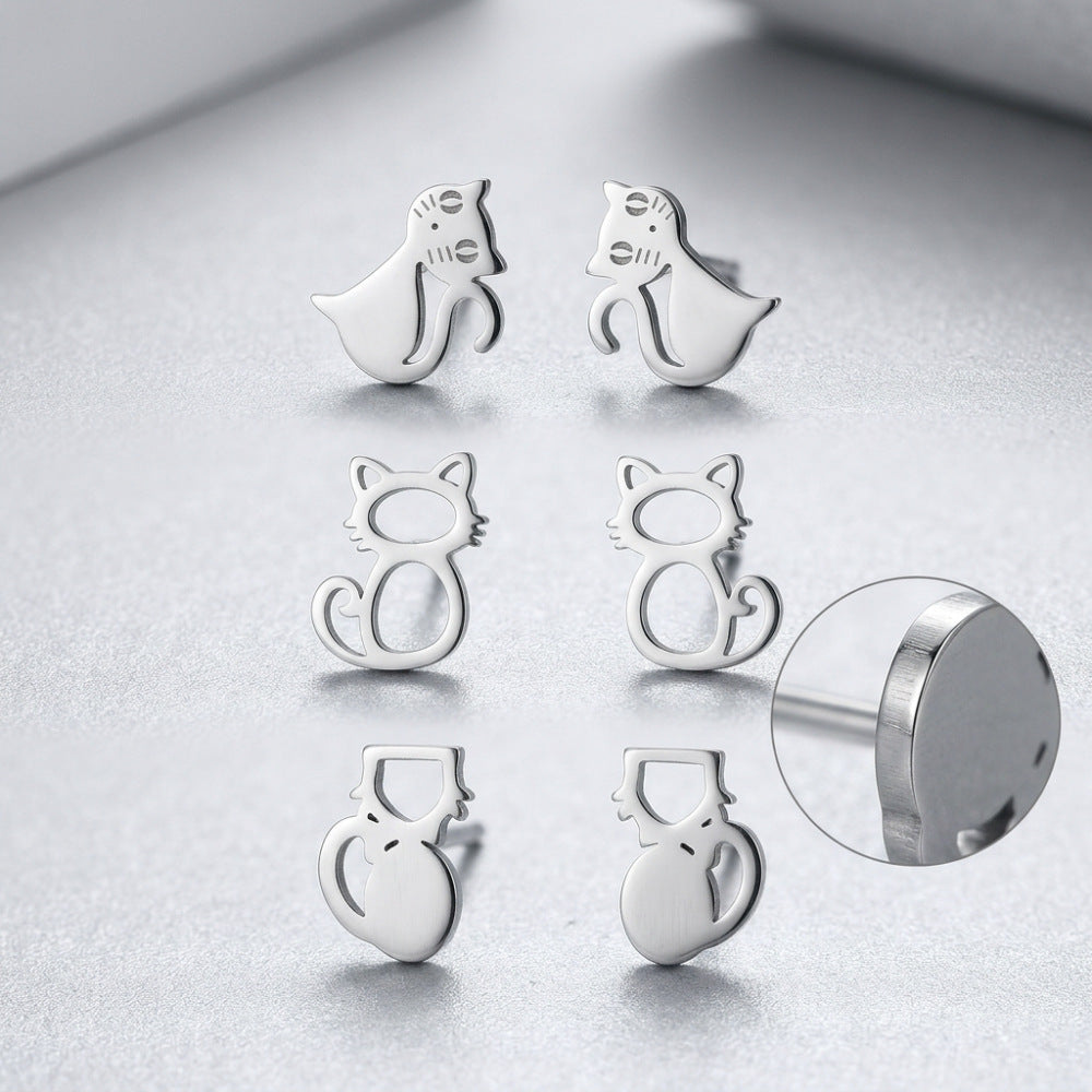 Minimalist Stainless Steel Plated Animal Cat Stud Earrings for Women