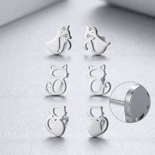 Minimalist Stainless Steel Plated Animal Cat Stud Earrings for Women