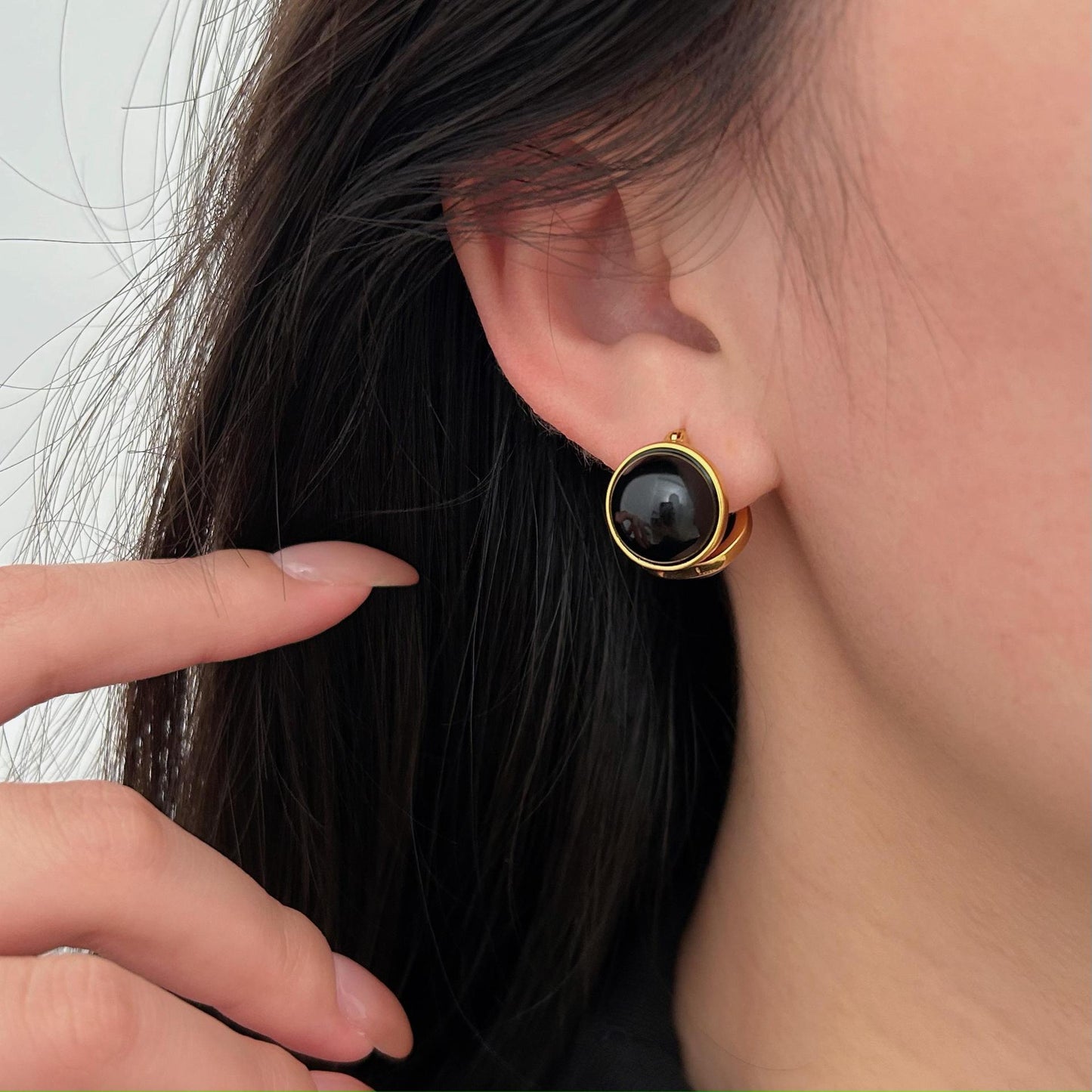 Minimalist Geometric Black Onyx Earrings in 925 Sterling Silver with Gold Plating