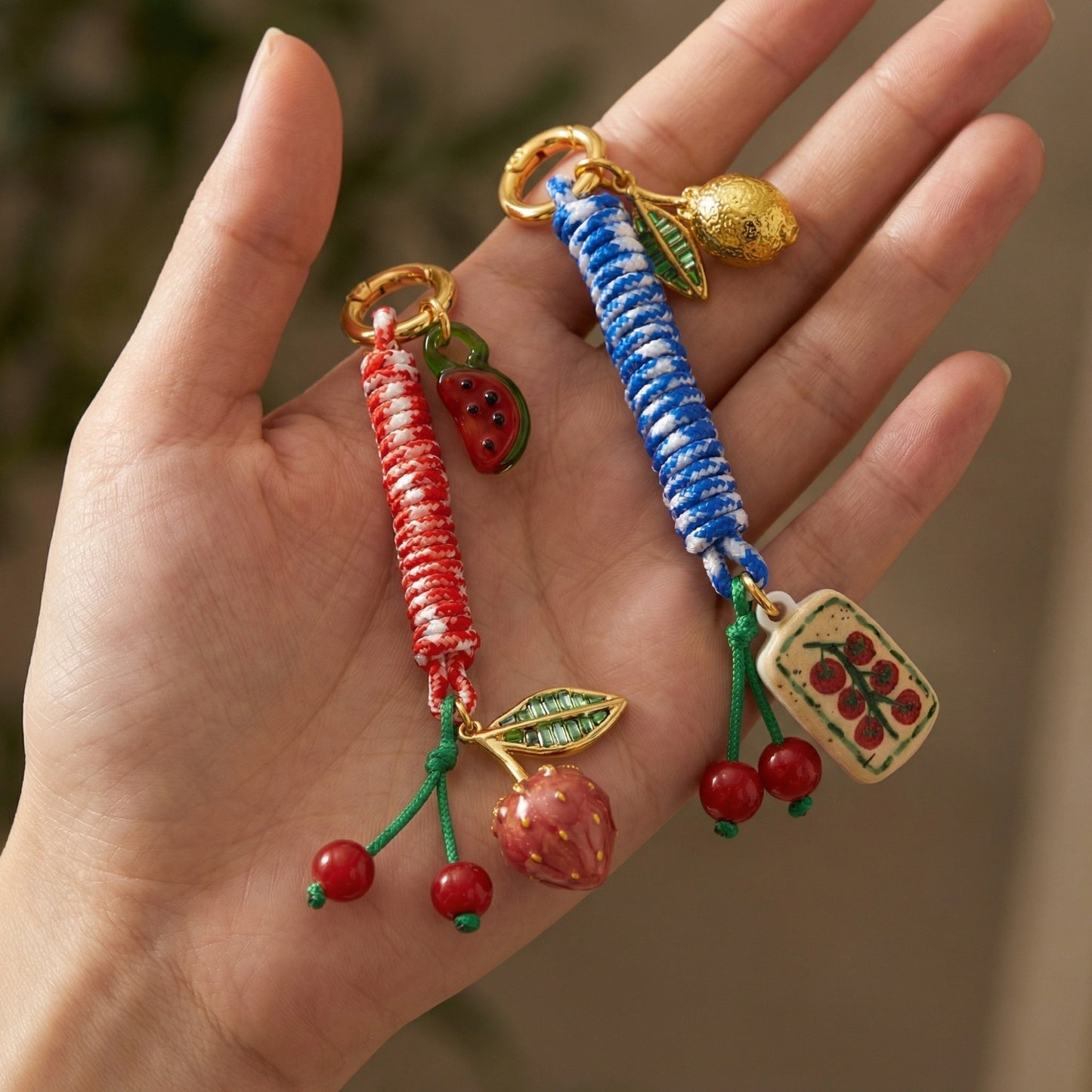 Colorful Rope Heart Cherry Keychain Bag Charm Brass Plated Accessory