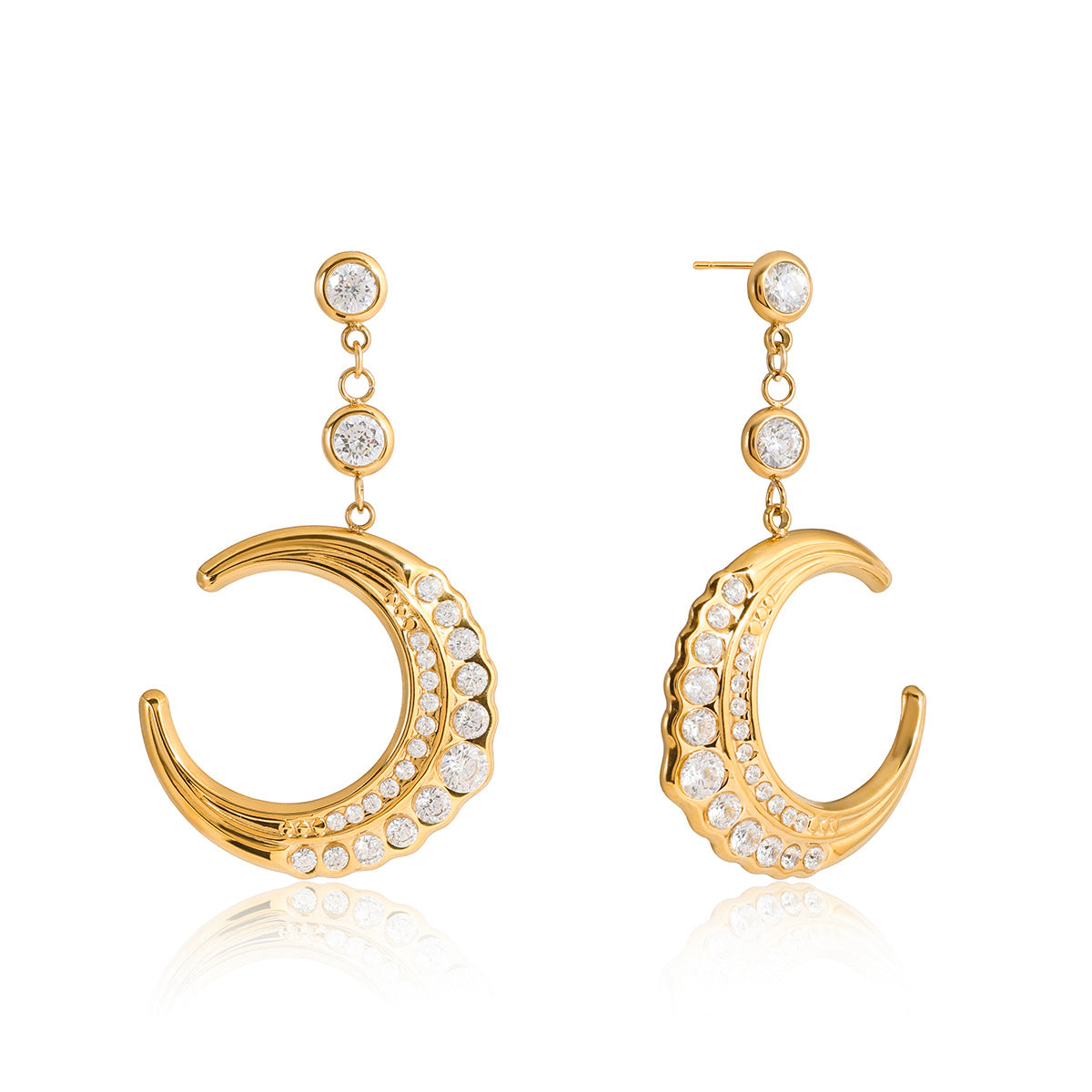 Pendientes minimalistas de acero inoxidable con forma de luna y circonitas incrustadas para mujer