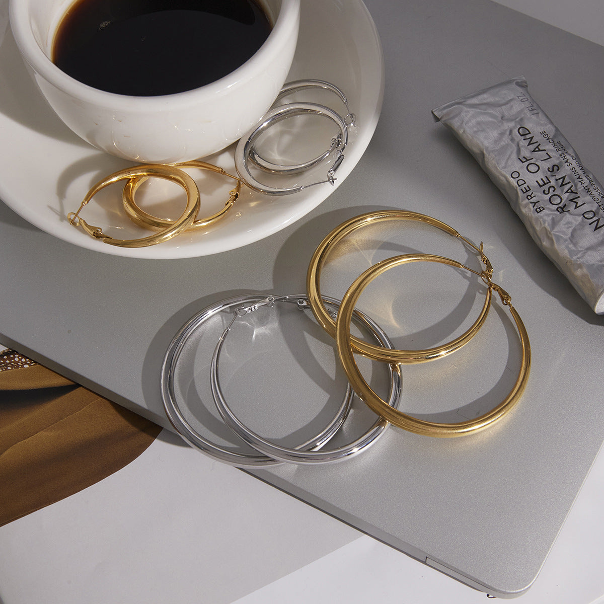 Minimalist Round Geometric Plated Stainless Steel Hoop Earrings for Women